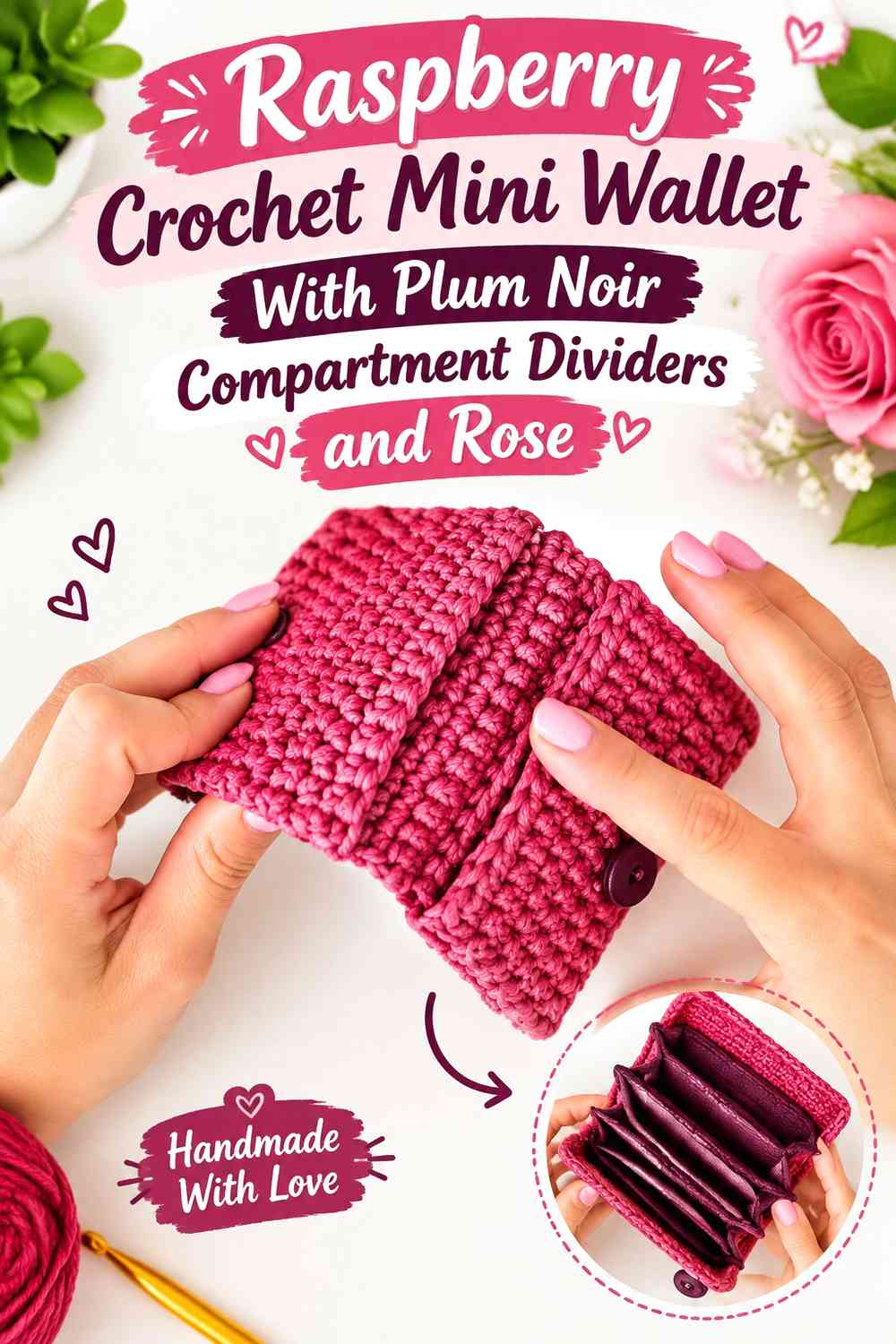 Raspberry Crochet Mini Wallet With Plum Noir Compartment Dividers and Rose