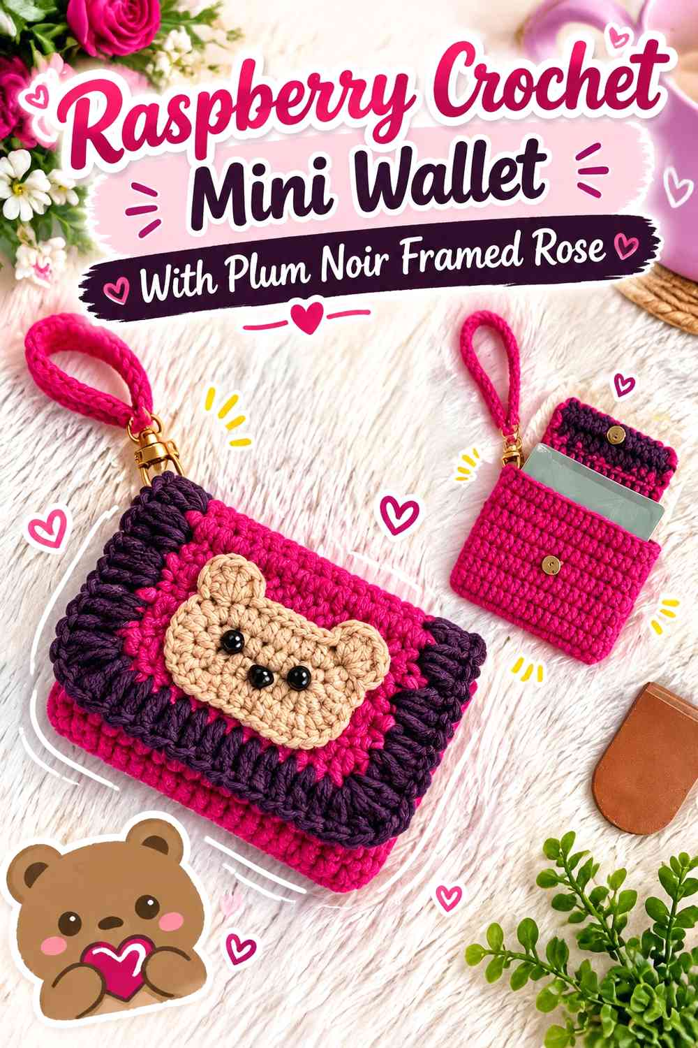 Raspberry Crochet Mini Wallet With Plum Noir Framed Rose