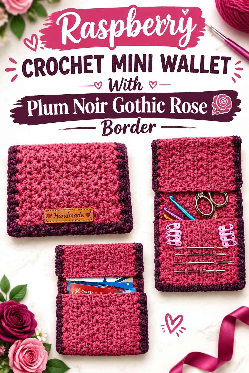 Raspberry Crochet Mini Wallet With Plum Noir Gothic Rose Border