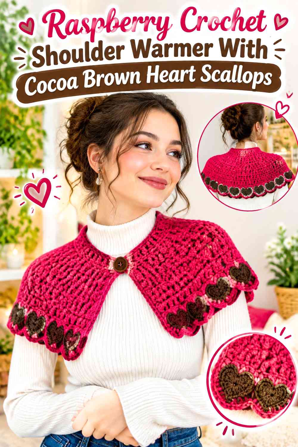 Raspberry Crochet Shoulder Warmer With Cocoa Brown Heart Scallops