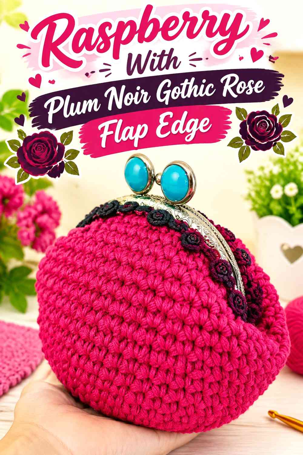 Raspberry Crochet Wallet With Plum Noir Gothic Rose Flap Edge
