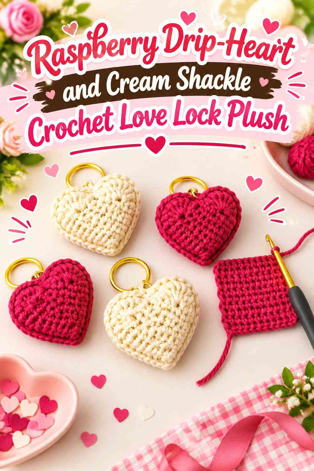 Raspberry Drip-Heart and Cream Shackle Crochet Love Lock Plush