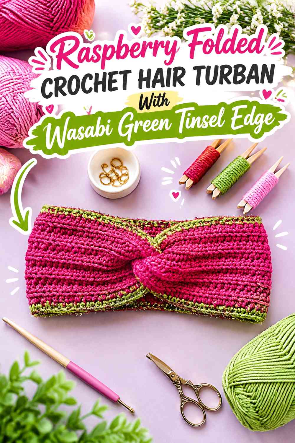 Raspberry Folded Crochet Hair Turban With Wasabi Green Tinsel Edge