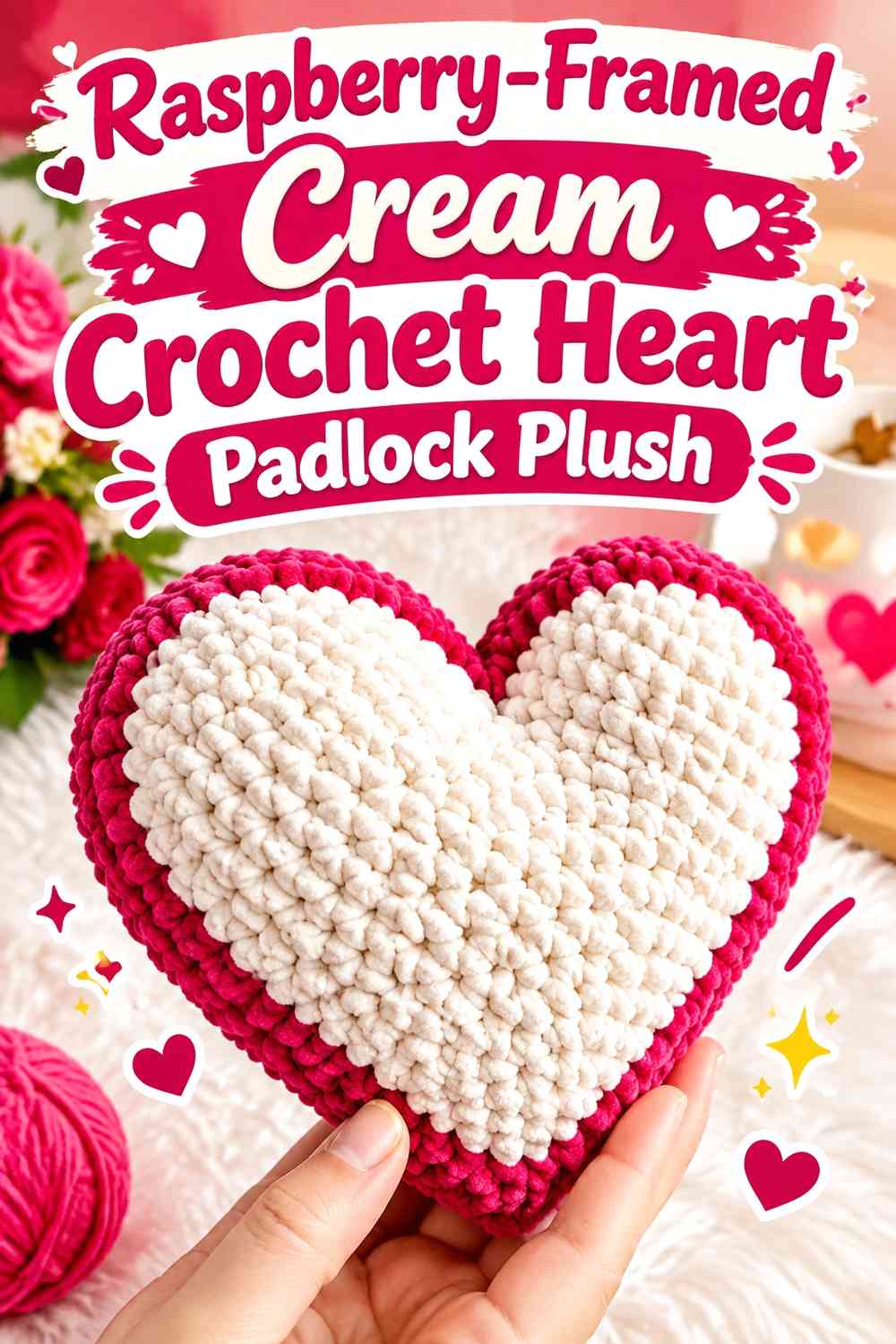 Raspberry-Framed Cream Crochet Heart Padlock Plush