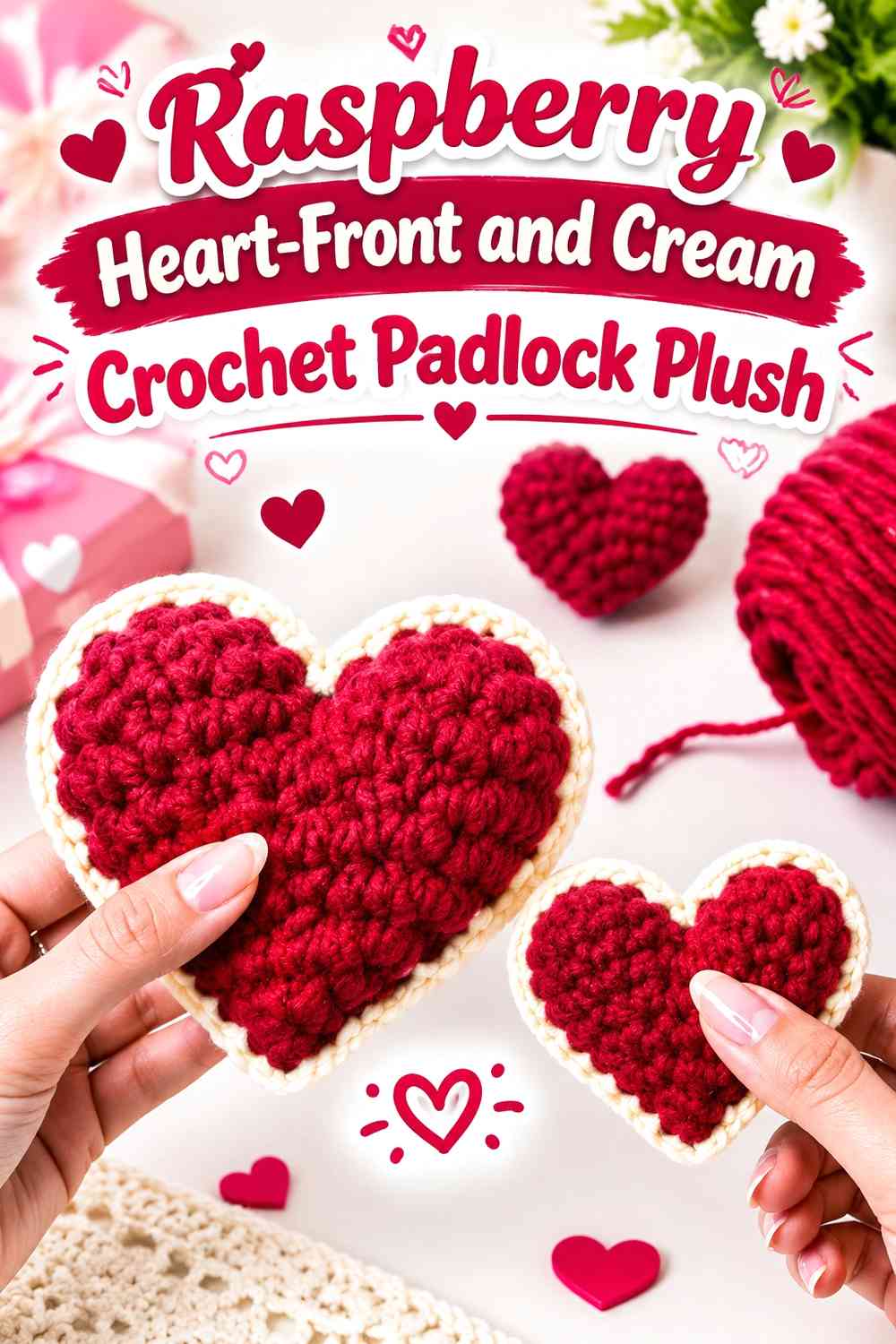 Raspberry Heart-Front and Cream Crochet Padlock Plush