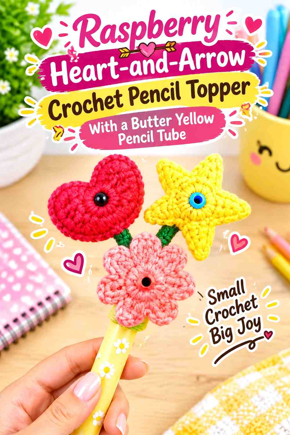 Raspberry Heart-and-Arrow Crochet Pencil Topper With a Butter Yellow Pencil Tube