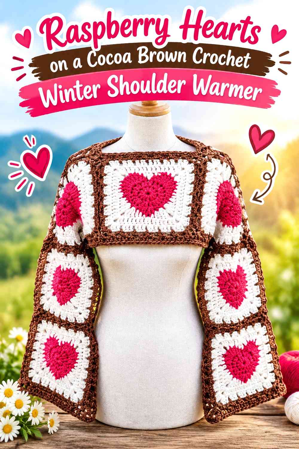 Raspberry Hearts on a Cocoa Brown Crochet Winter Shoulder Warmer