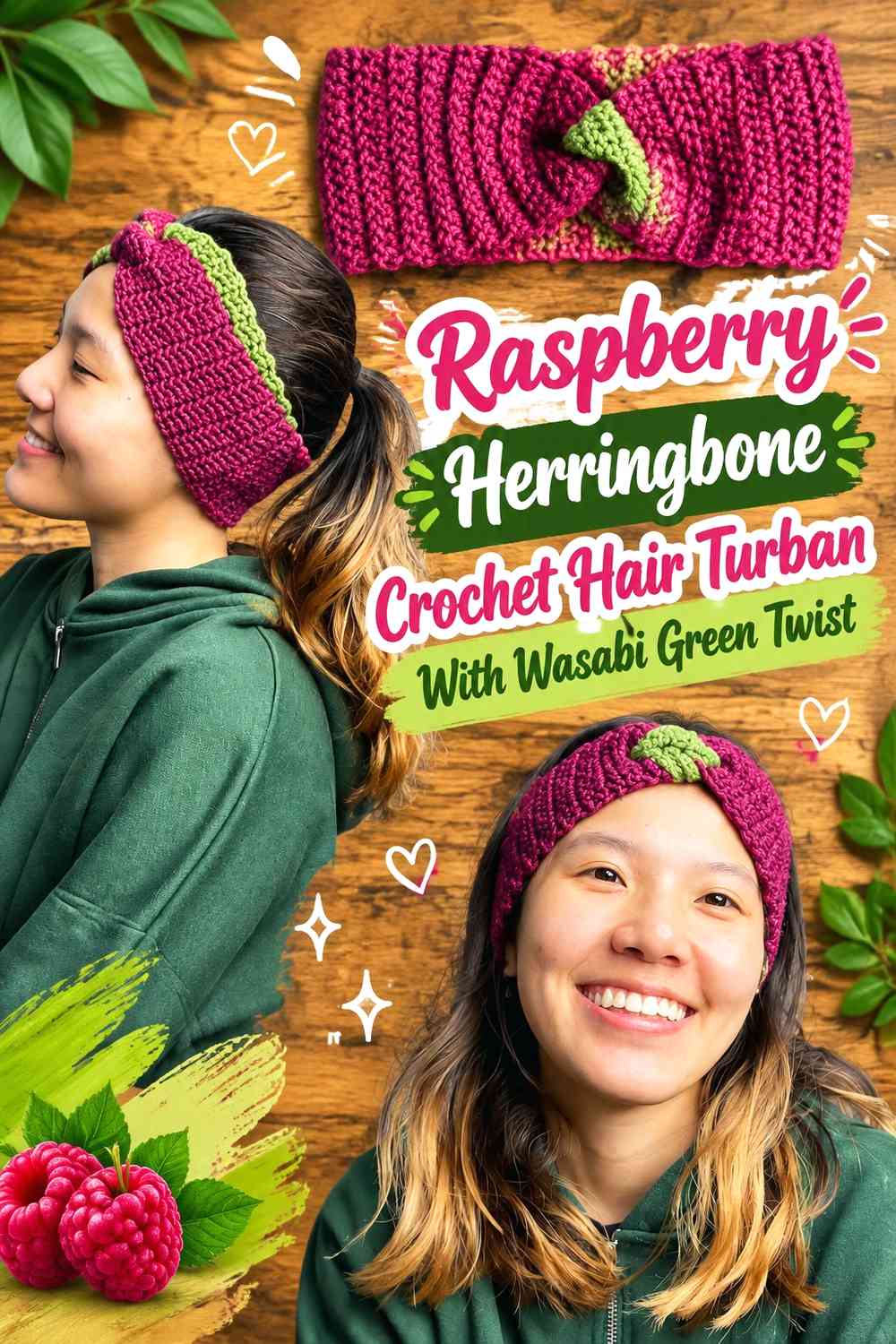 Raspberry Herringbone Crochet Hair Turban With Wasabi Green Twist