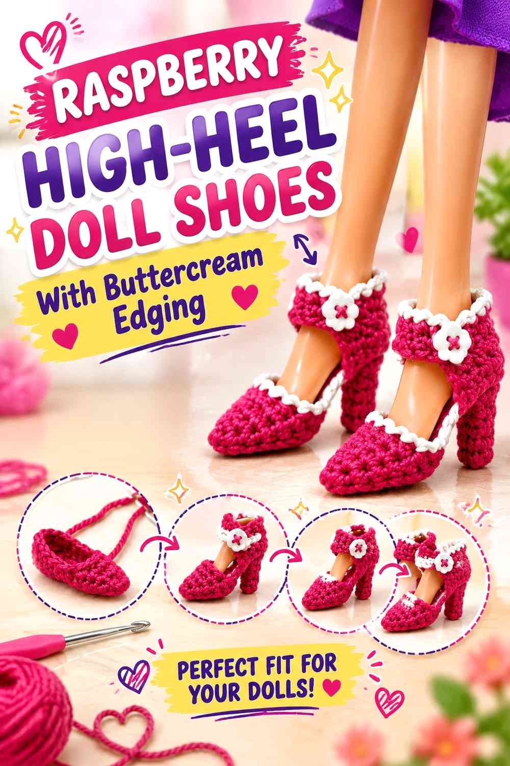 Raspberry High-Heel Doll Shoes With Buttercream Edging