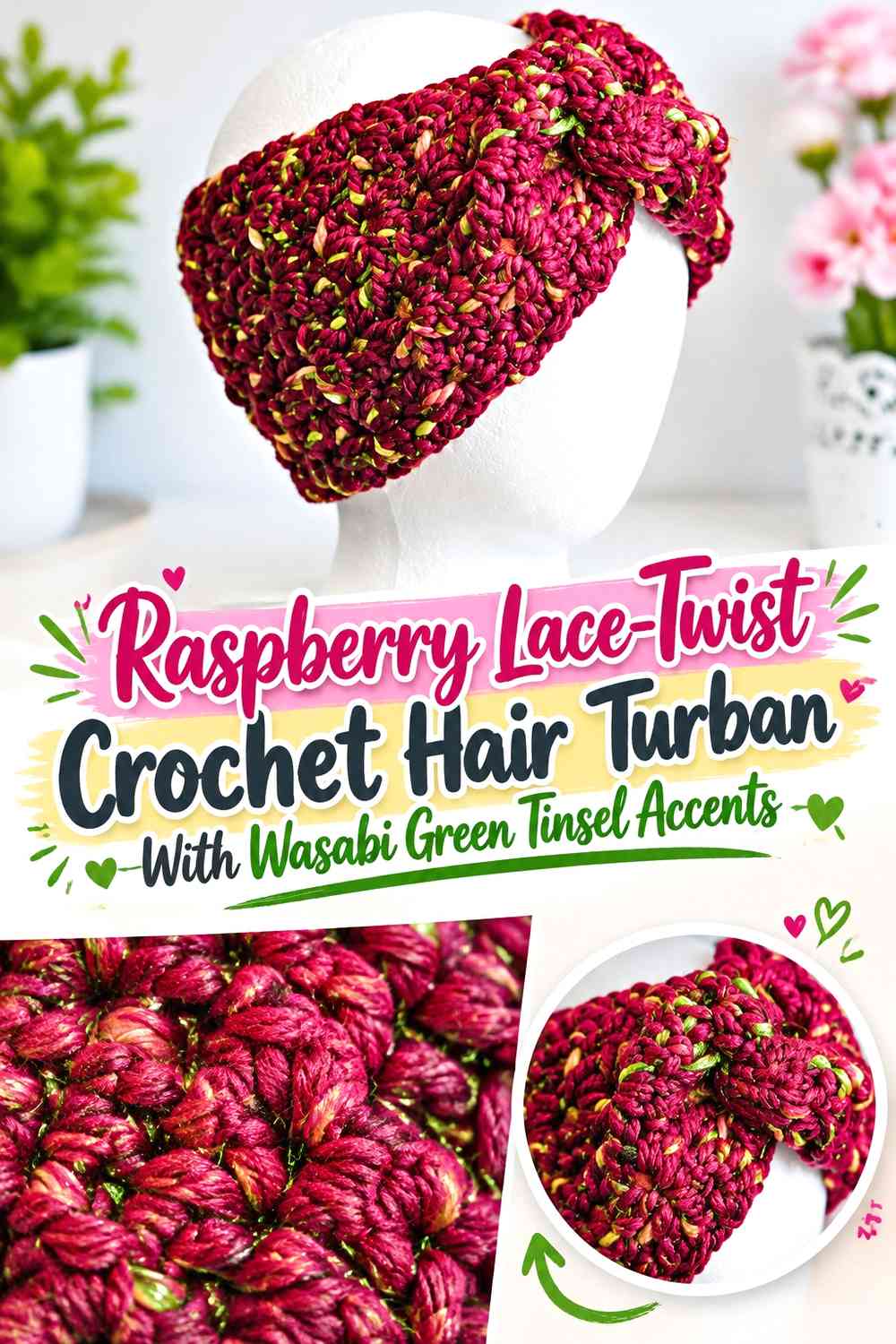 Raspberry Lace-Twist Crochet Hair Turban With Wasabi Green Tinsel Accents