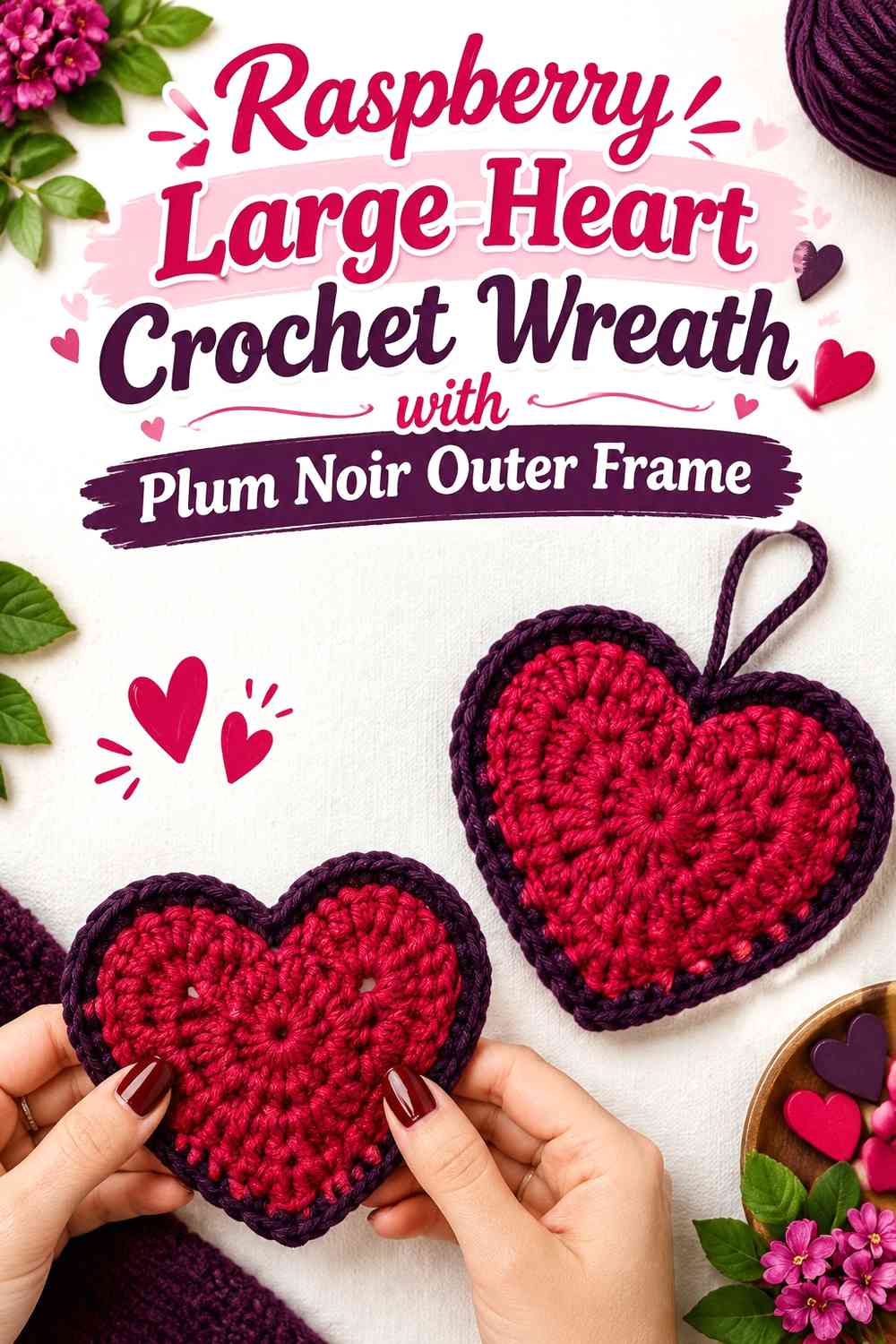 Raspberry Large-Heart Crochet Wreath with Plum Noir Outer Frame