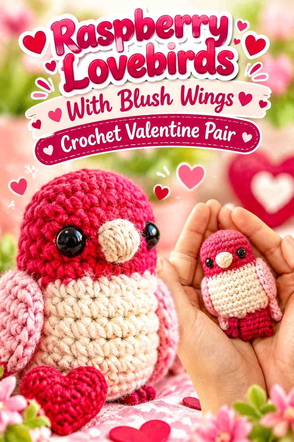 Raspberry Lovebirds With Blush Wings Crochet Valentine Pair
