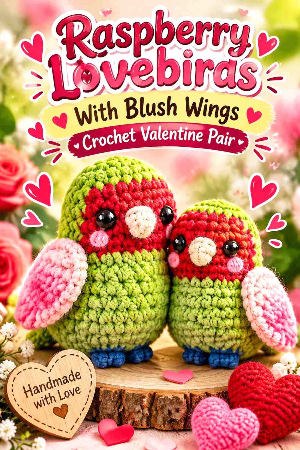 Raspberry Lovebirds With Blush Wings Crochet Valentine Pair