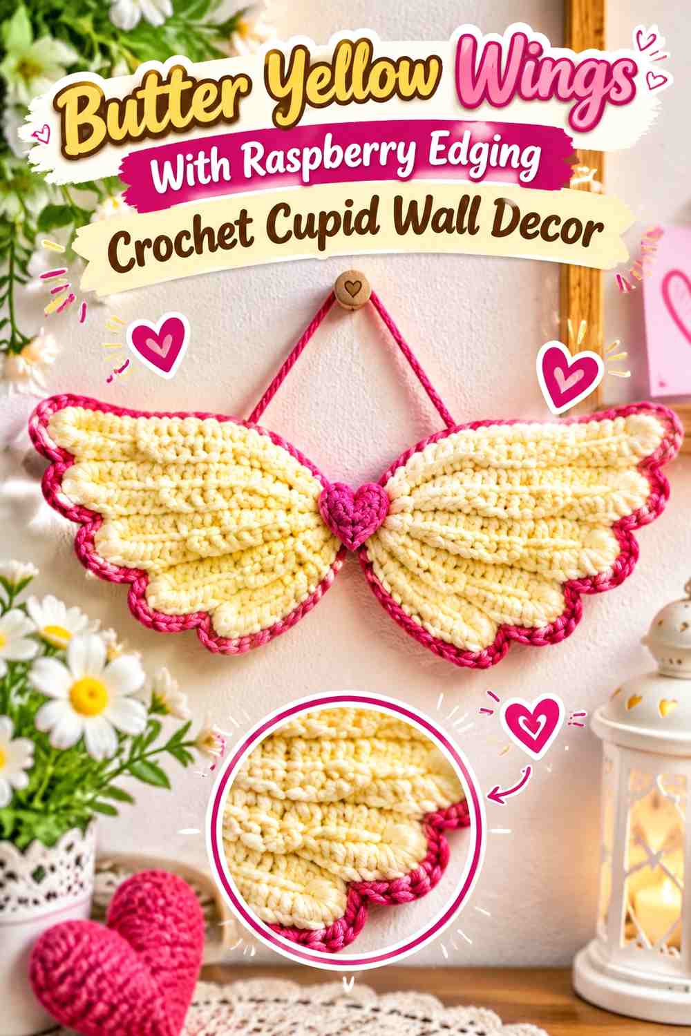 Raspberry Outer Feathers With Butter Yellow Inner Wings Crochet Cupid Wall Decor