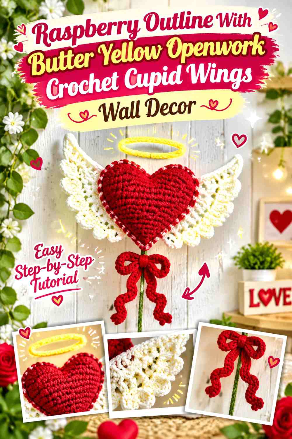 Raspberry Outline With Butter Yellow Openwork Crochet Cupid Wings Wall Decor