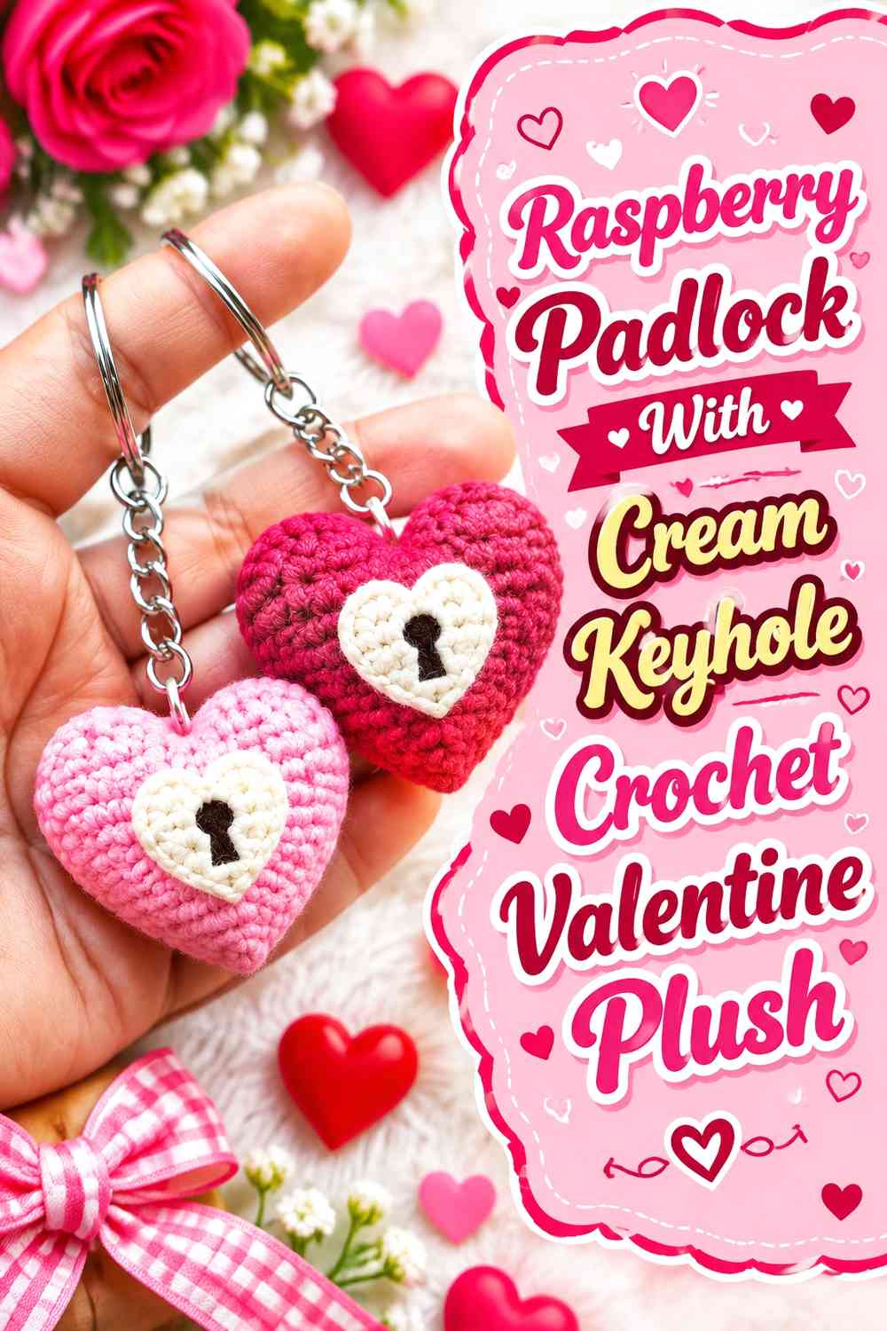 Raspberry Padlock With Cream Keyhole Crochet Valentine Plush