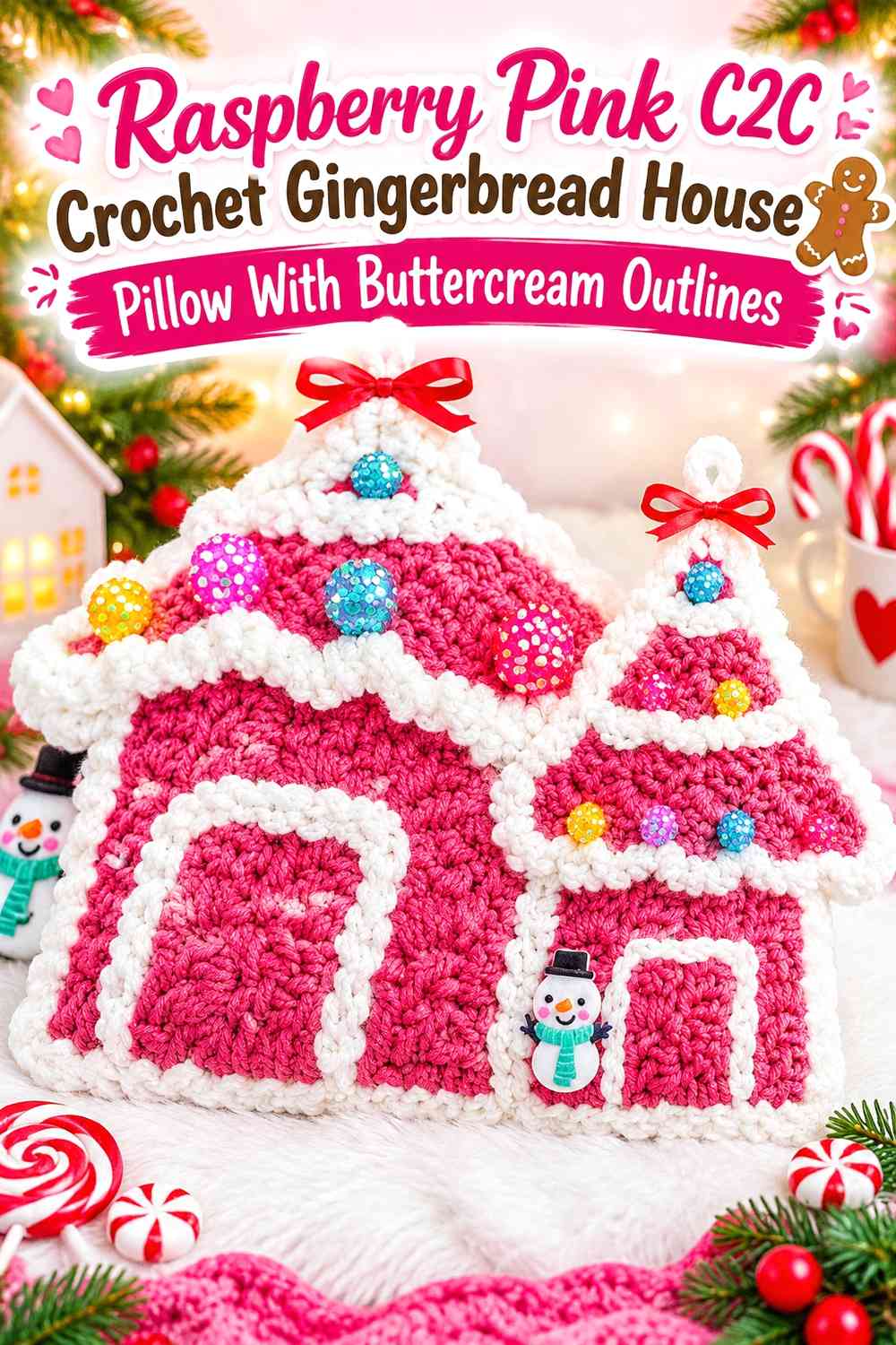 Raspberry Pink C2C Crochet Gingerbread House Pillow With Buttercream Outlines