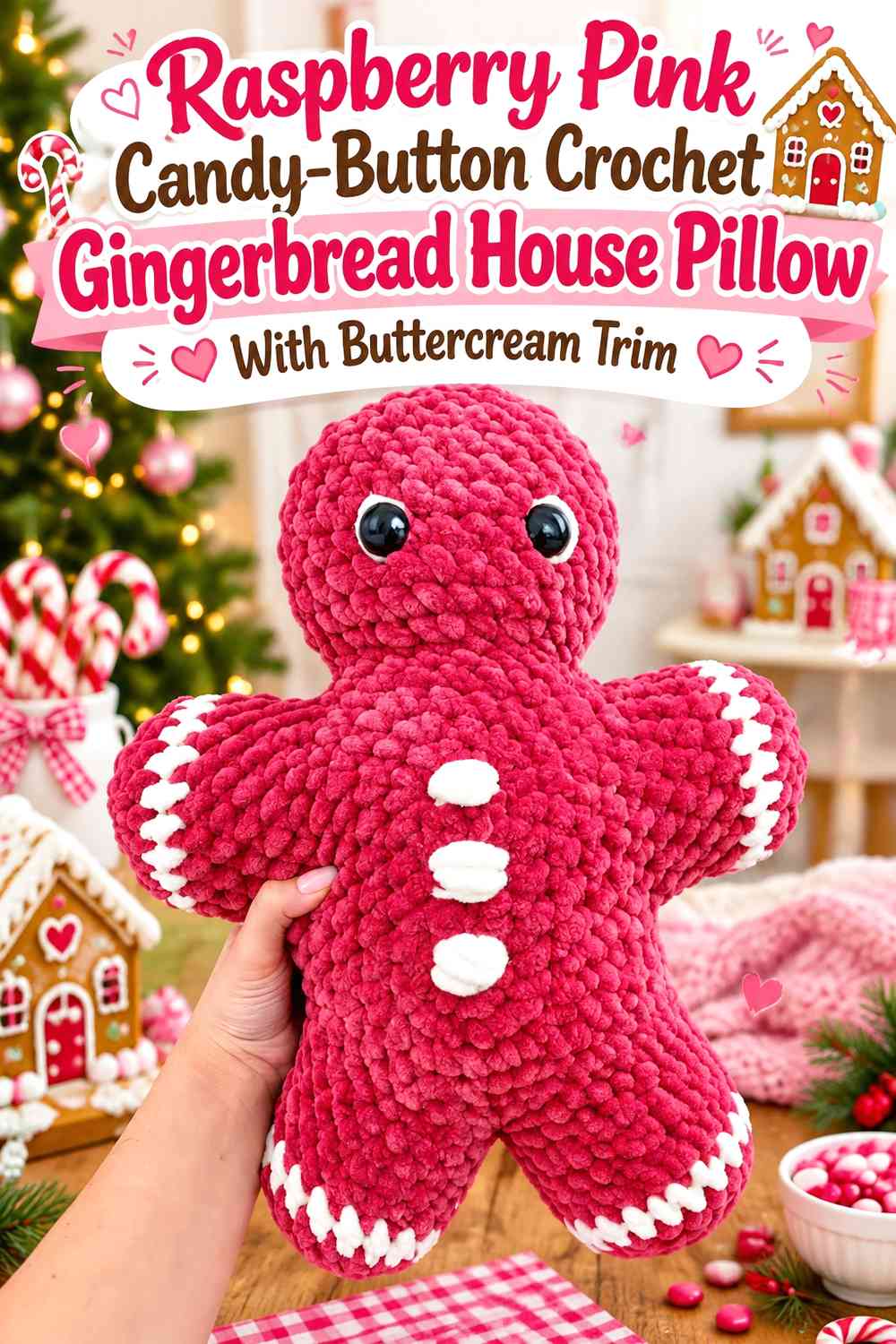 Raspberry Pink Candy-Button Crochet Gingerbread House Pillow With Buttercream Trim