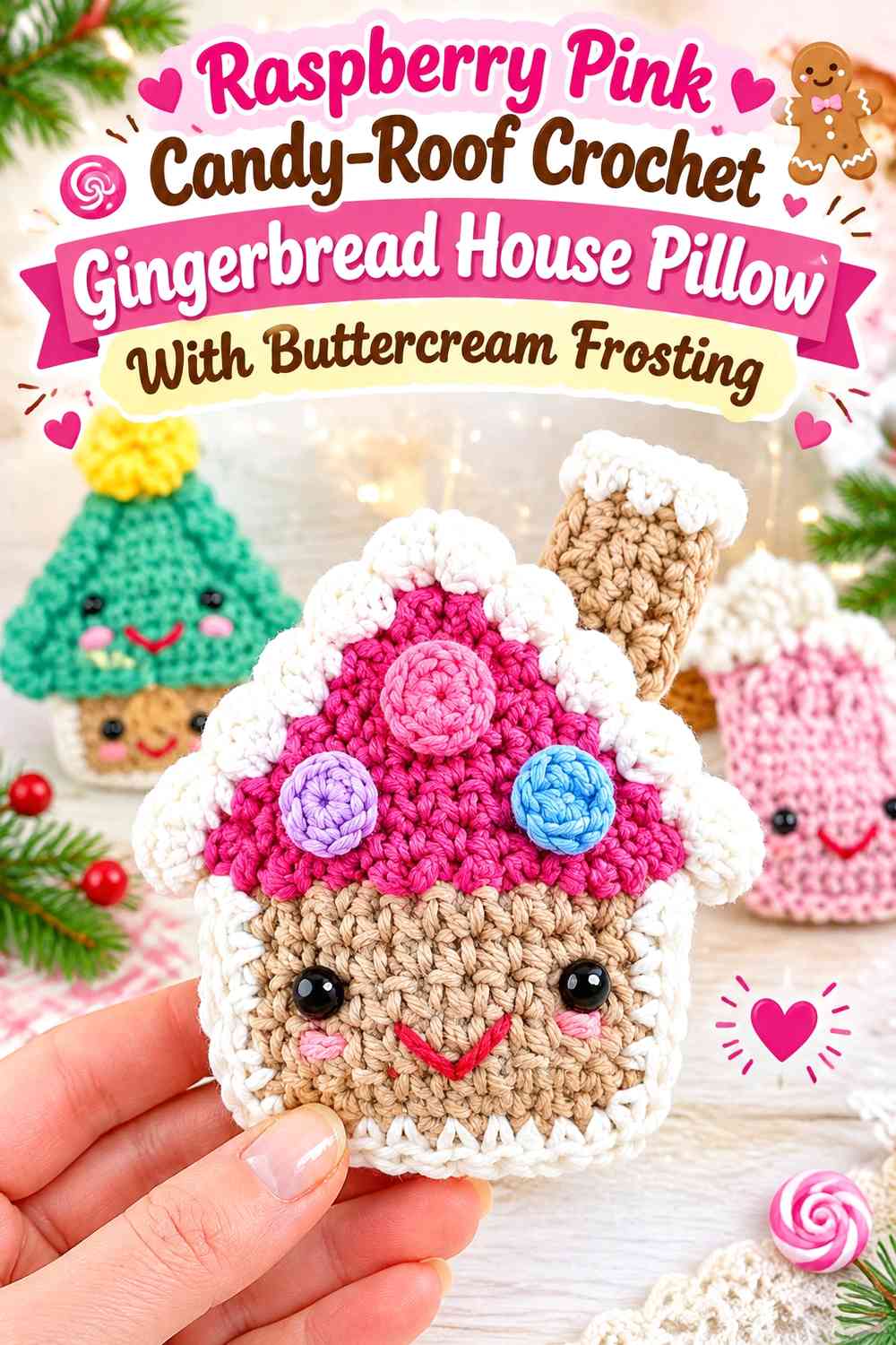 Raspberry Pink Candy-Roof Crochet Gingerbread House Pillow With Buttercream Frosting