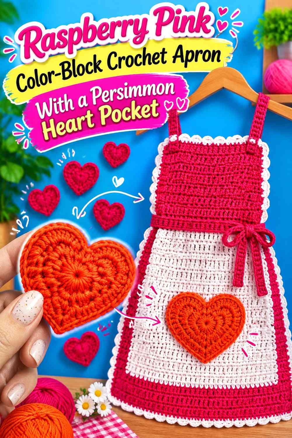 Raspberry Pink Color-Block Crochet Apron With a Persimmon Heart Pocket