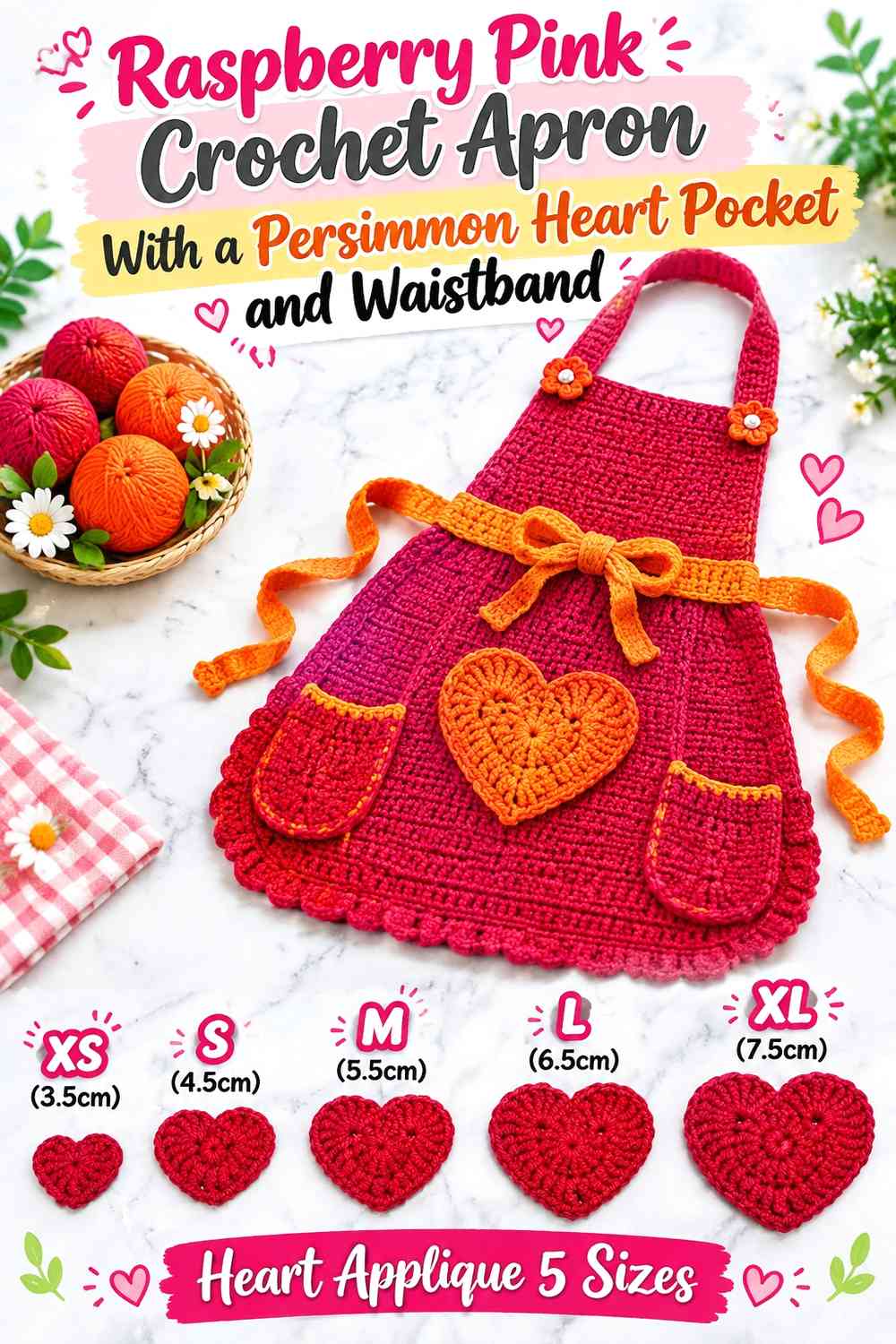 Raspberry Pink Crochet Apron With a Persimmon Heart Pocket and Waistband