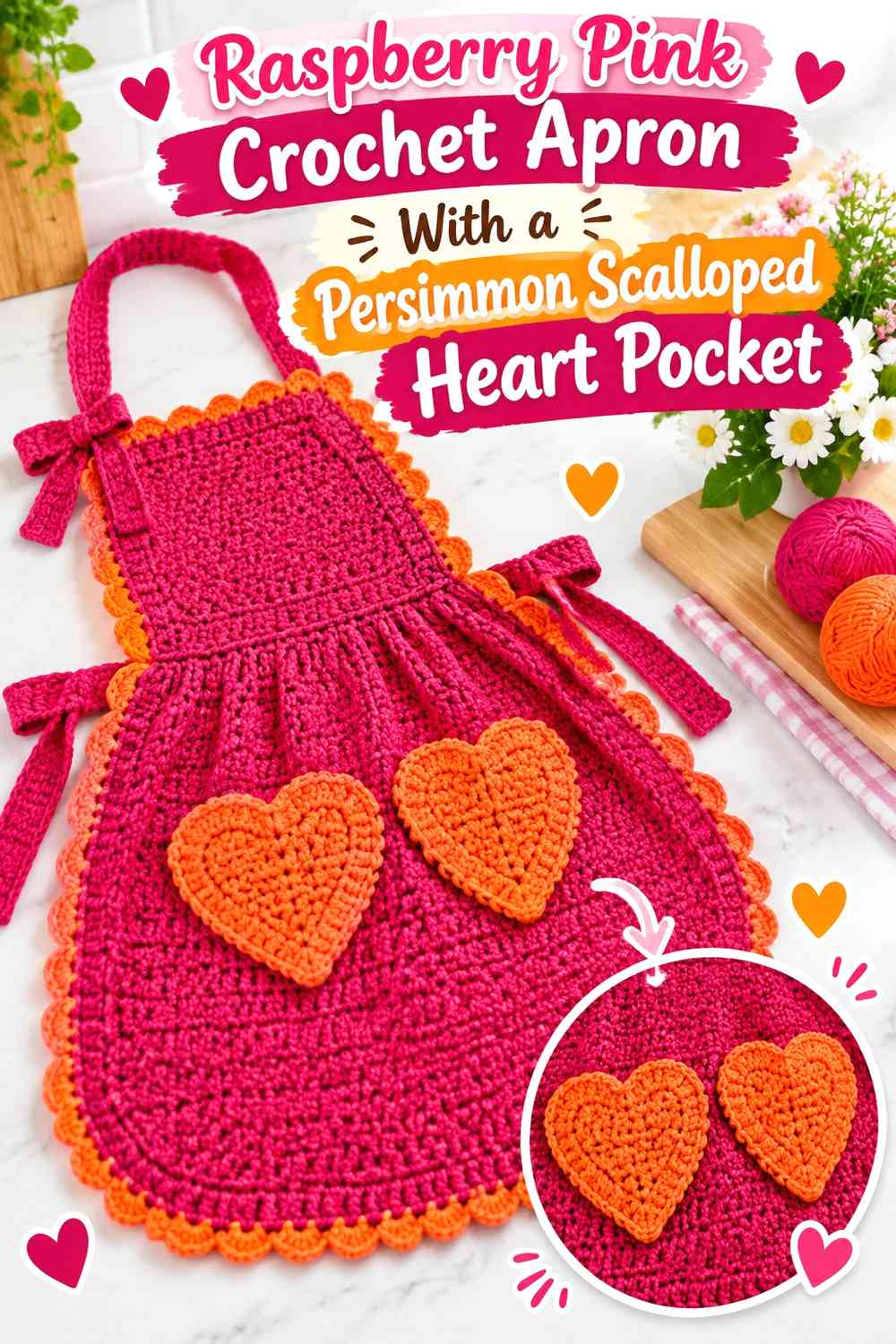 Raspberry Pink Crochet Apron With a Persimmon Scalloped Heart Pocket