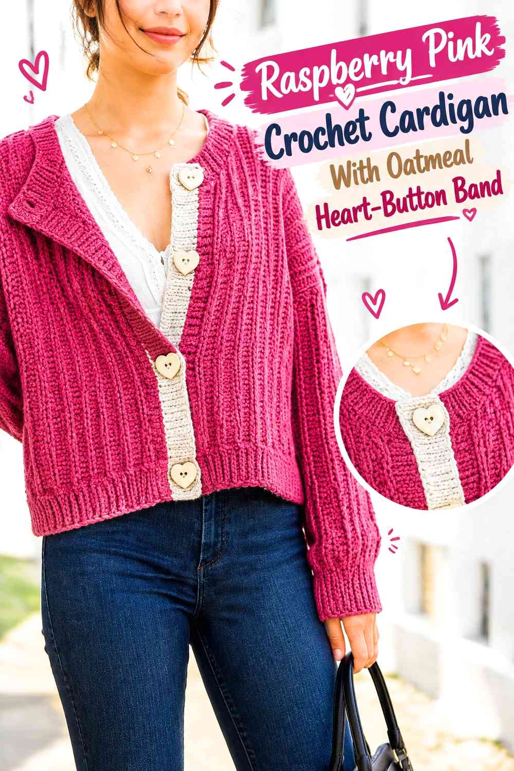 Raspberry Pink Crochet Cardigan With Oatmeal Heart-Button Band