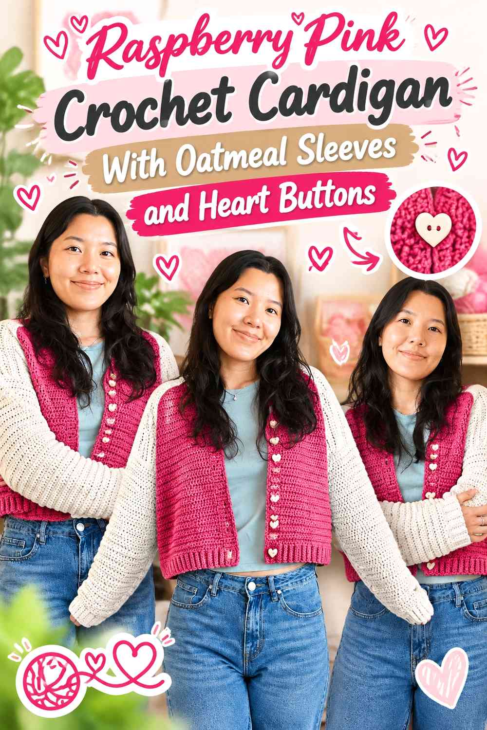 Raspberry Pink Crochet Cardigan With Oatmeal Sleeves and Heart Buttons