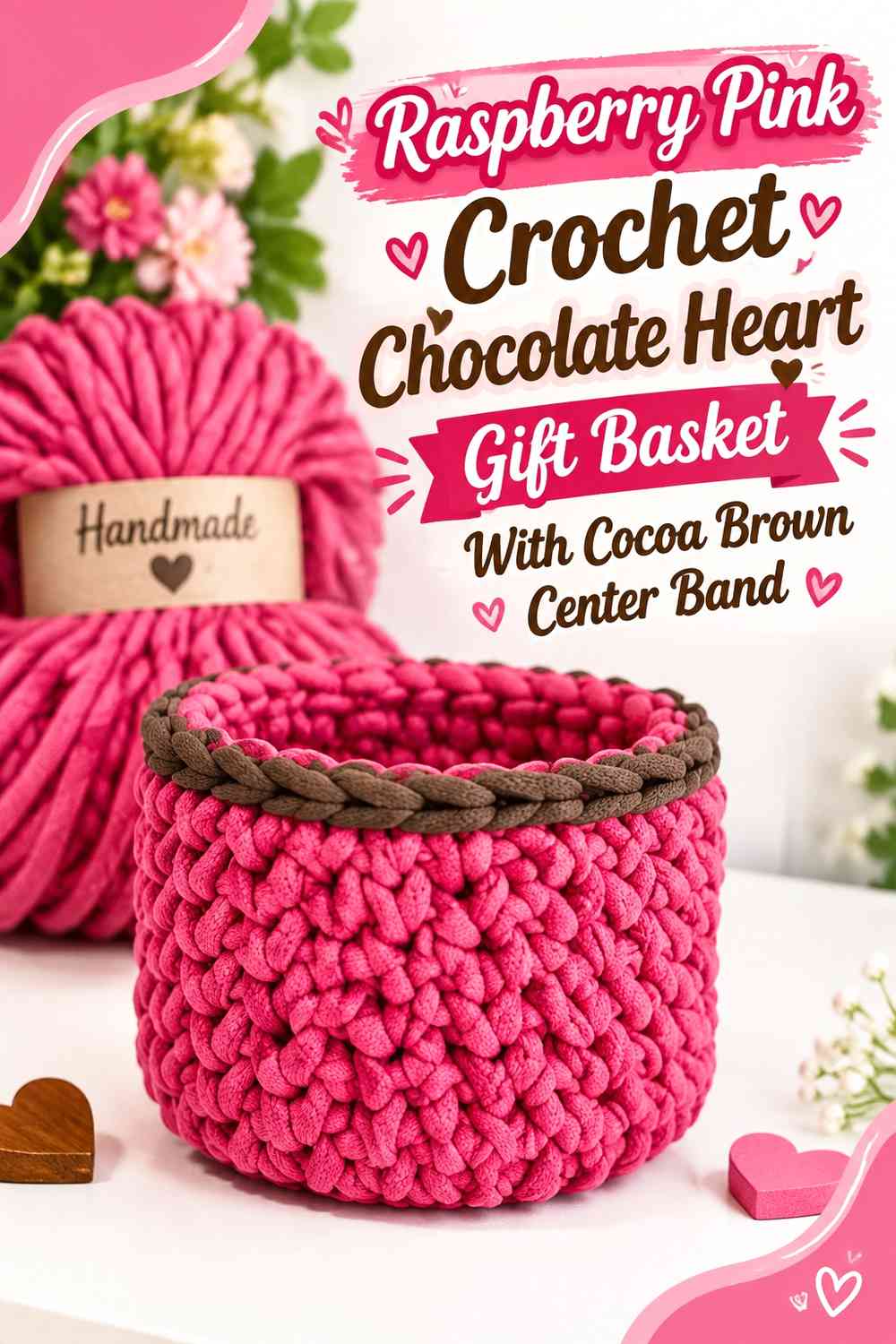 Raspberry Pink Crochet Chocolate Heart Gift Basket With Cocoa Brown Center Band
