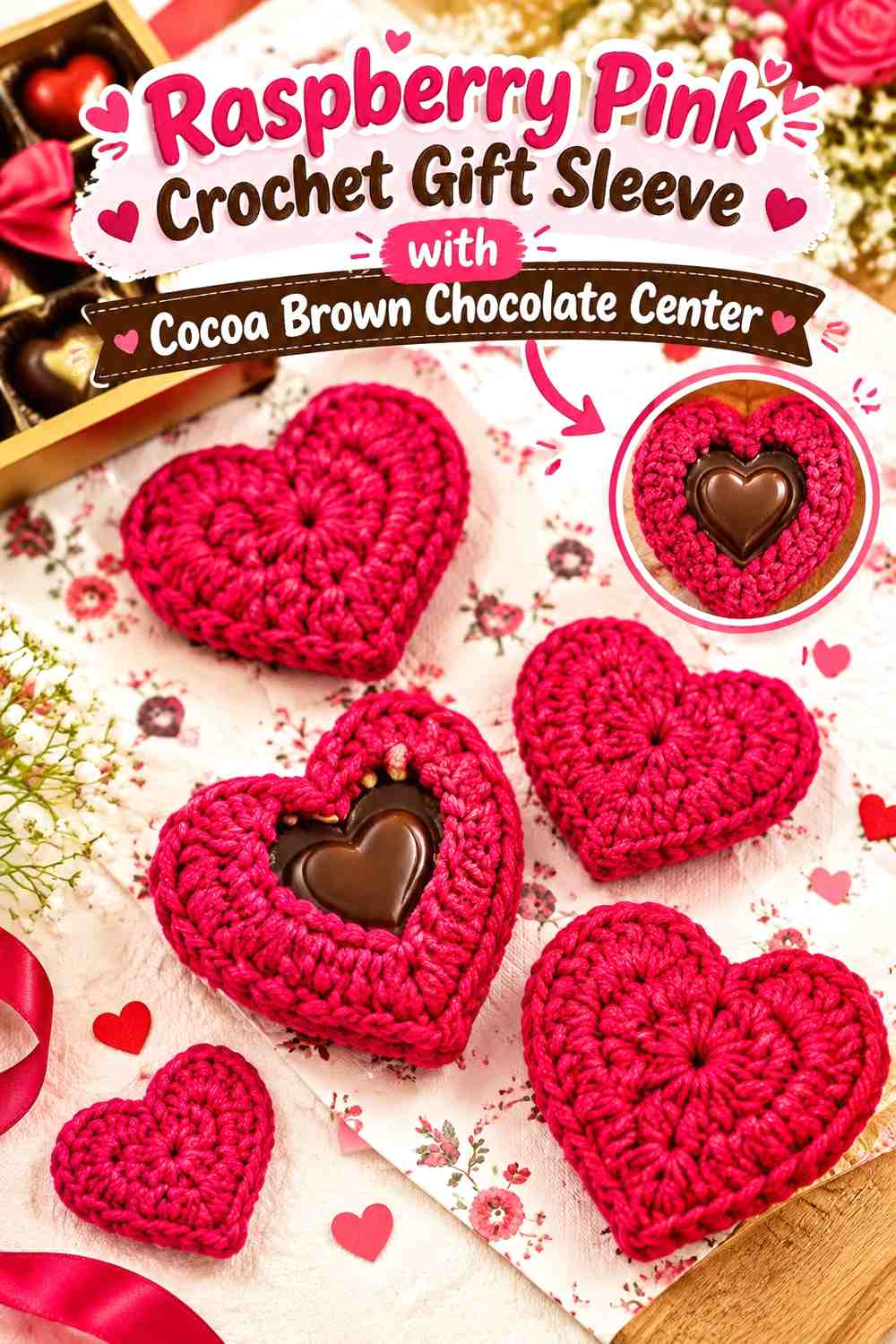 Raspberry Pink Crochet Gift Sleeve with Cocoa Brown Chocolate Center