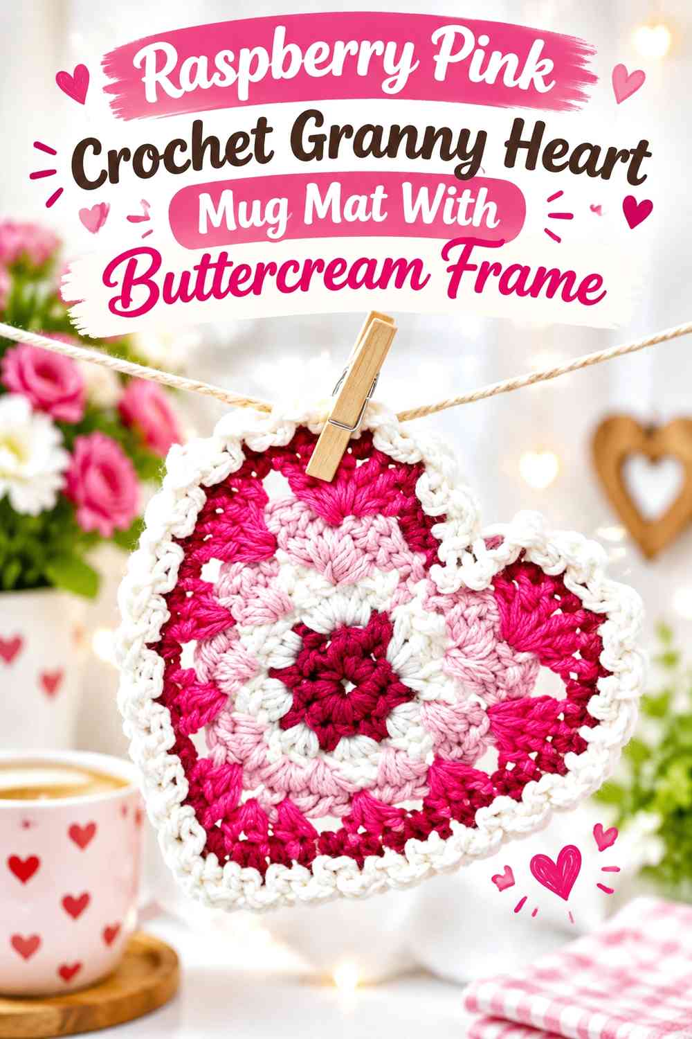 Raspberry Pink Crochet Granny Heart Mug Mat With Buttercream Frame