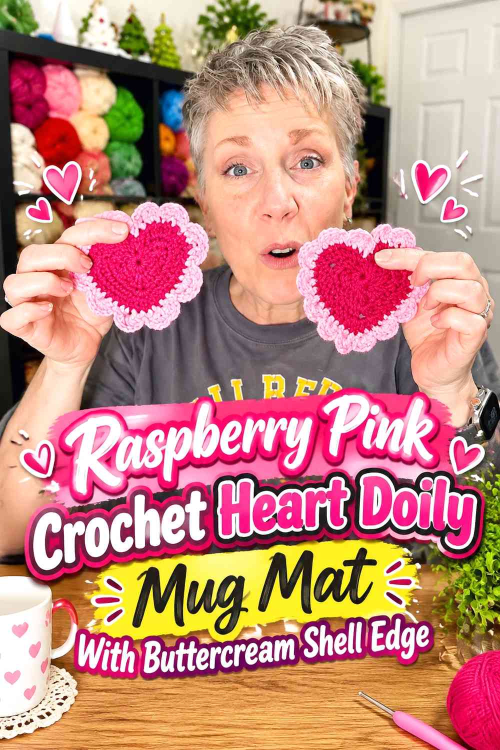 Raspberry Pink Crochet Heart Doily Mug Mat With Buttercream Shell Edge
