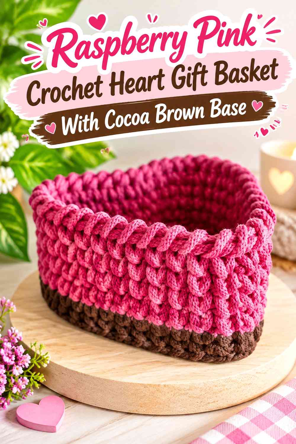 Raspberry Pink Crochet Heart Gift Basket With Cocoa Brown Base