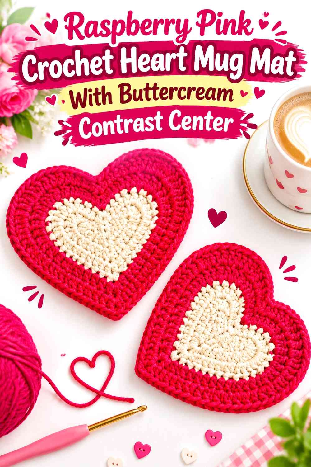 Raspberry Pink Crochet Heart Mug Mat With Buttercream Contrast Center