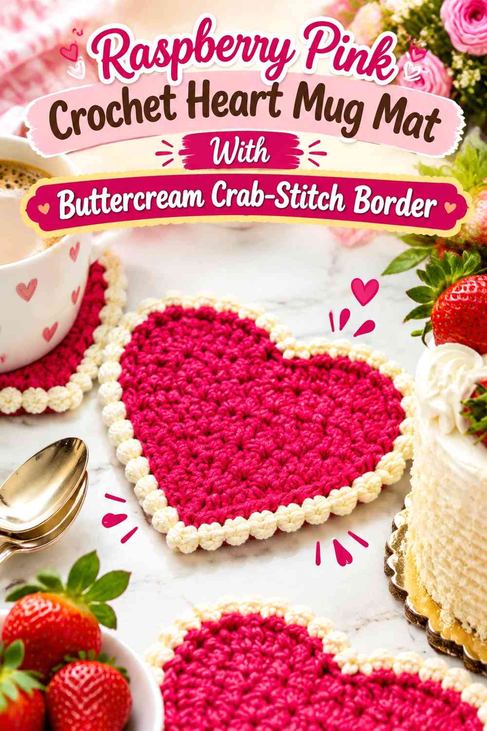 Raspberry Pink Crochet Heart Mug Mat With Buttercream Crab-Stitch Border