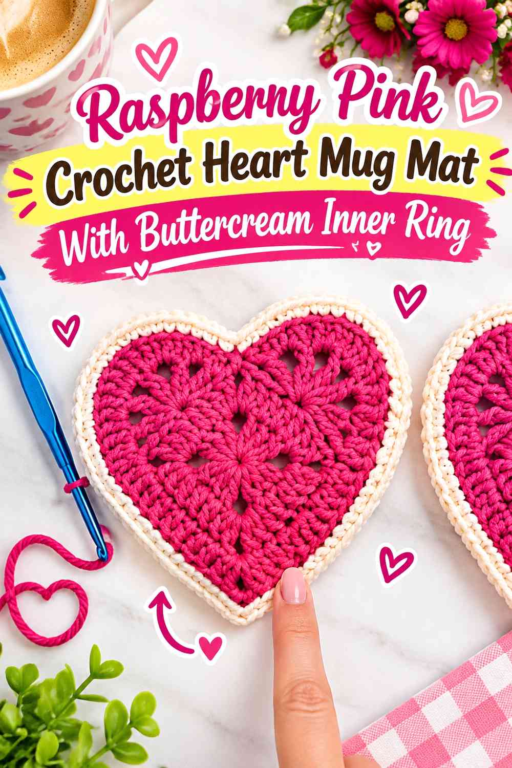 Raspberry Pink Crochet Heart Mug Mat With Buttercream Inner Ring