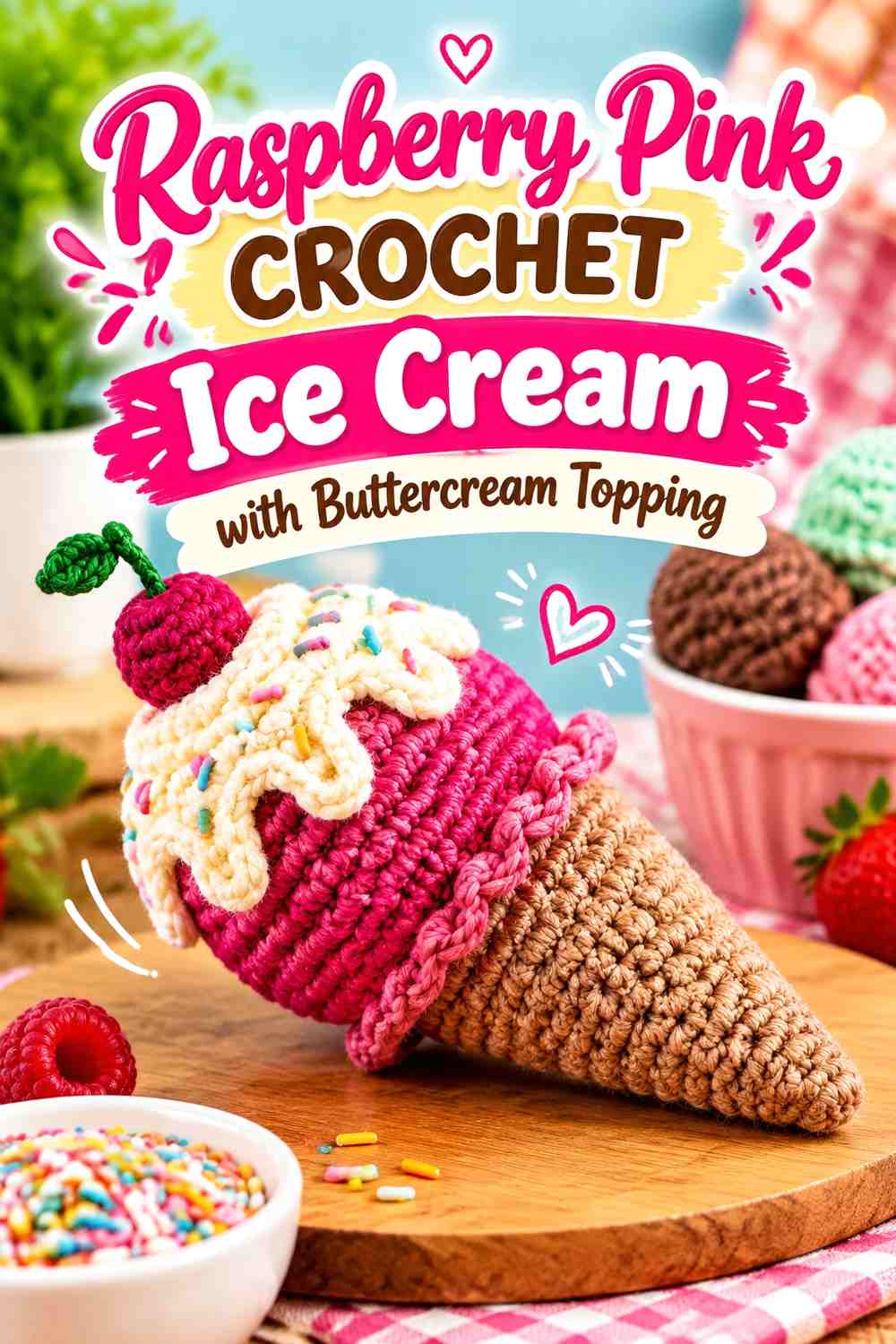 Raspberry Pink Crochet Ice Cream with Buttercream Topping
