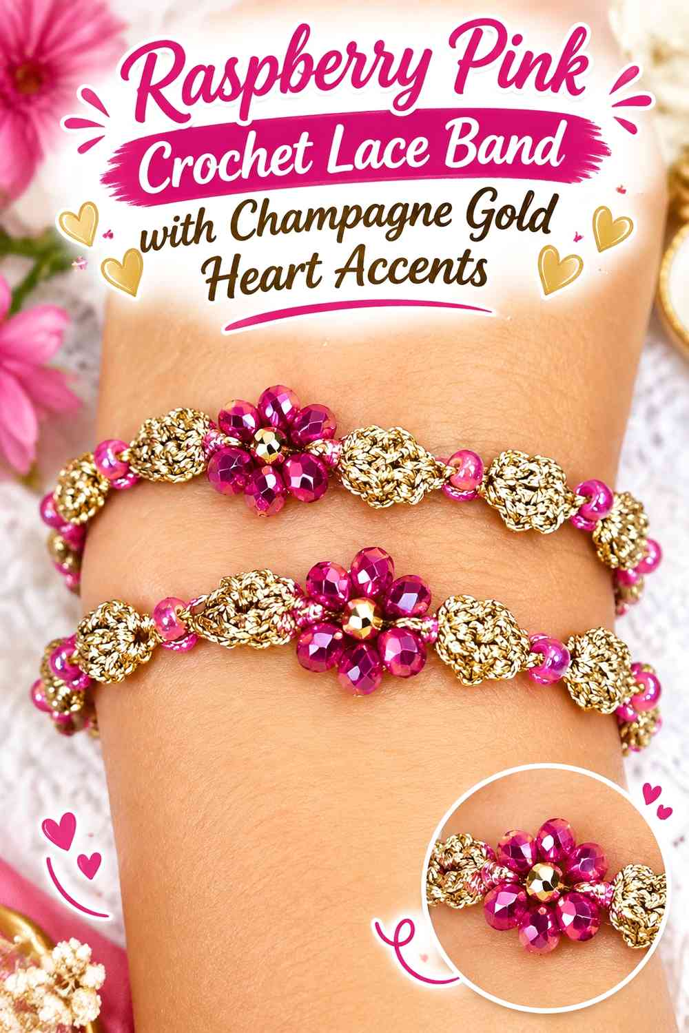 Raspberry Pink Crochet Lace Band with Champagne Gold Heart Accents