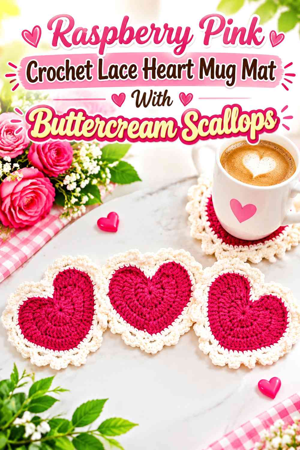 Raspberry Pink Crochet Lace Heart Mug Mat With Buttercream Scallops