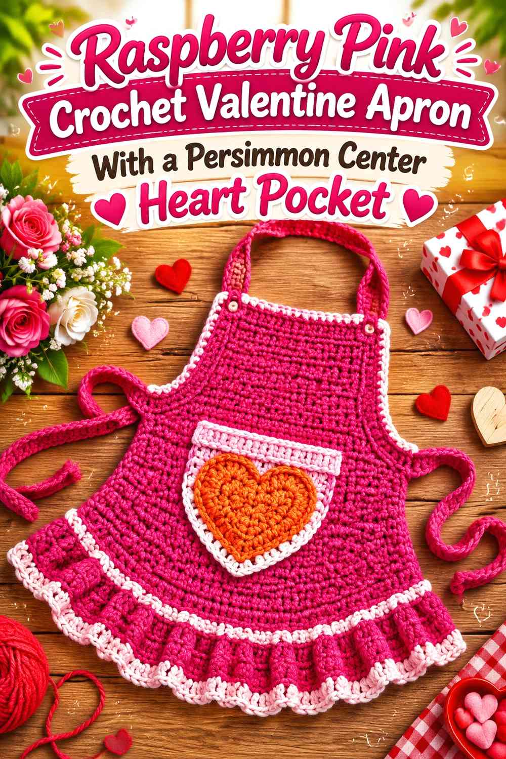 Raspberry Pink Crochet Valentine Apron With a Persimmon Center Heart Pocket