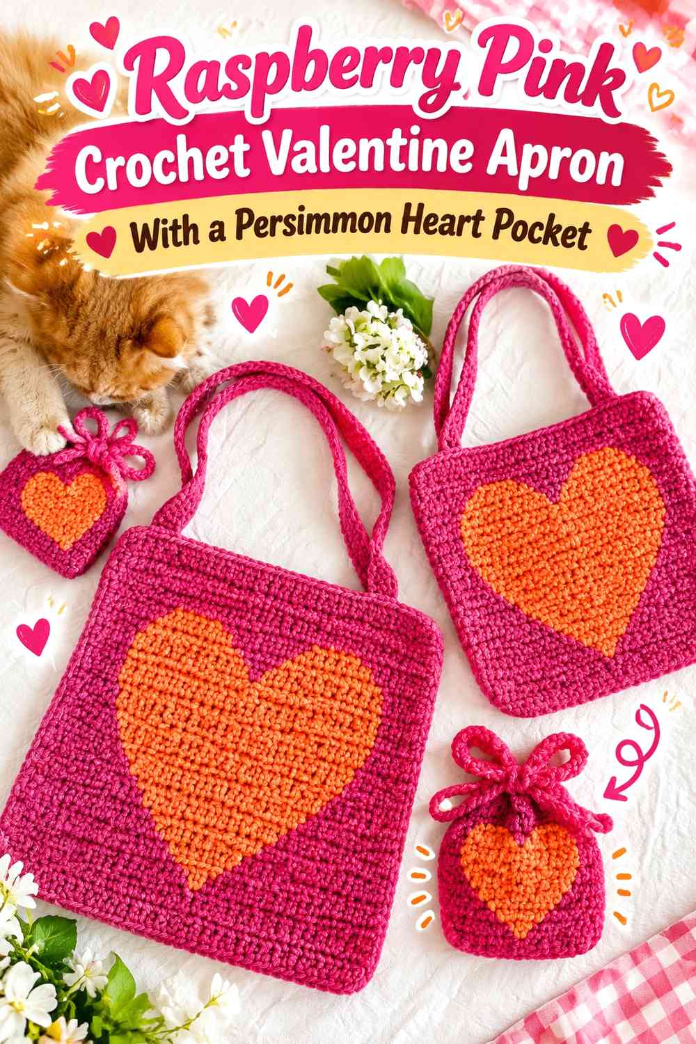 Raspberry Pink Crochet Valentine Apron With a Persimmon Heart Pocket