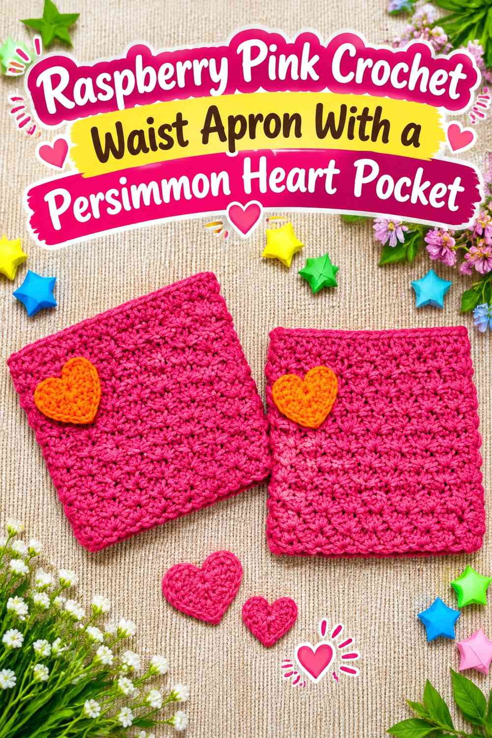 Raspberry Pink Crochet Waist Apron With a Persimmon Heart Pocket