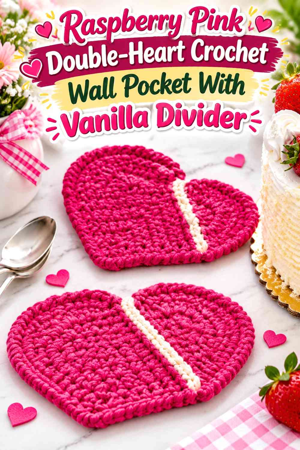Raspberry Pink Double-Heart Crochet Wall Pocket With Vanilla Divider
