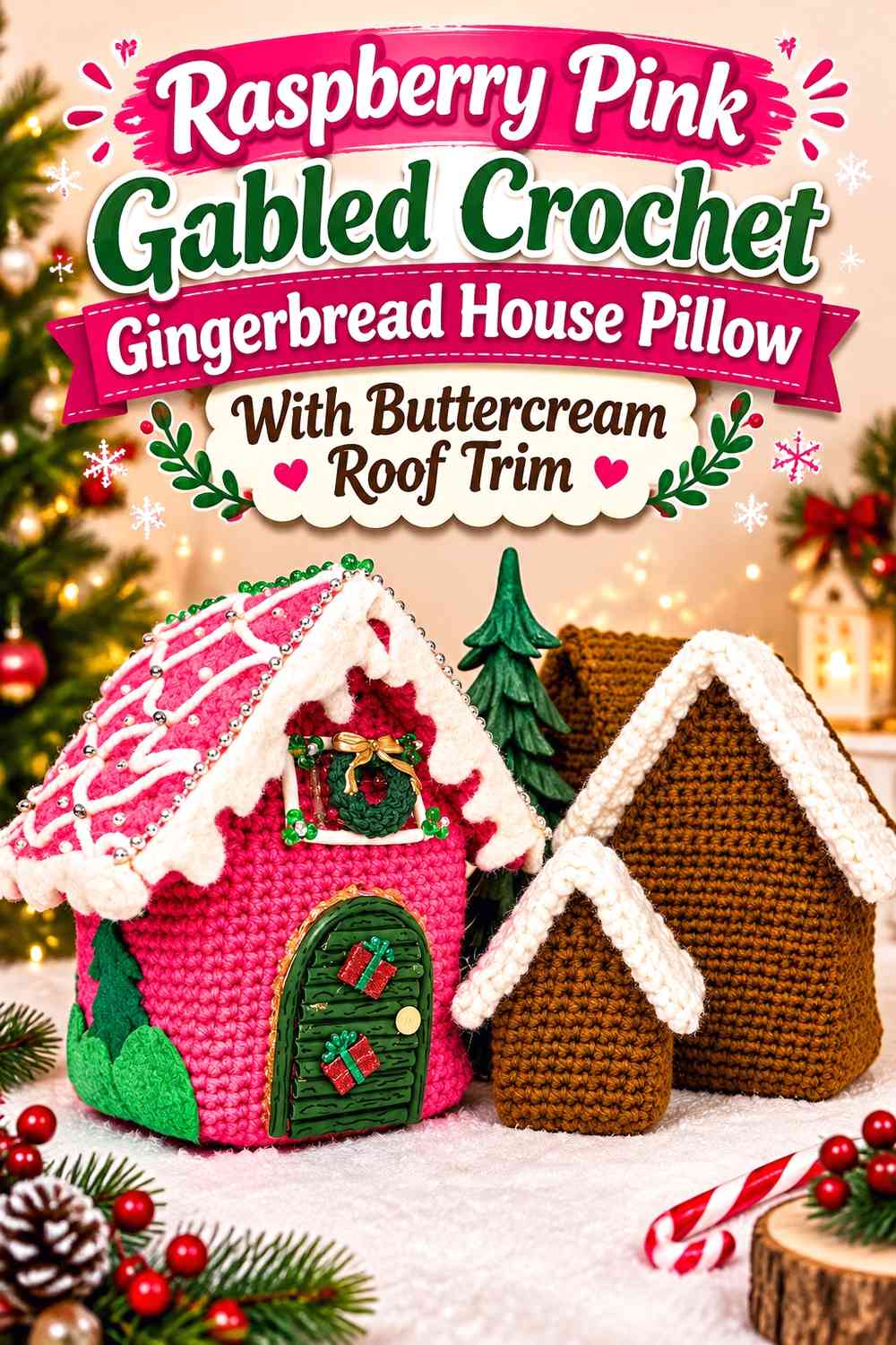 Raspberry Pink Gabled Crochet Gingerbread House Pillow With Buttercream Roof Trim