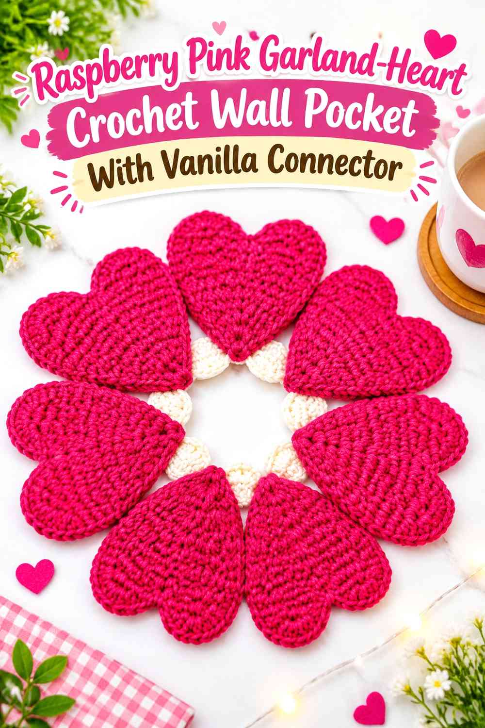 Raspberry Pink Garland-Heart Crochet Wall Pocket With Vanilla Connector