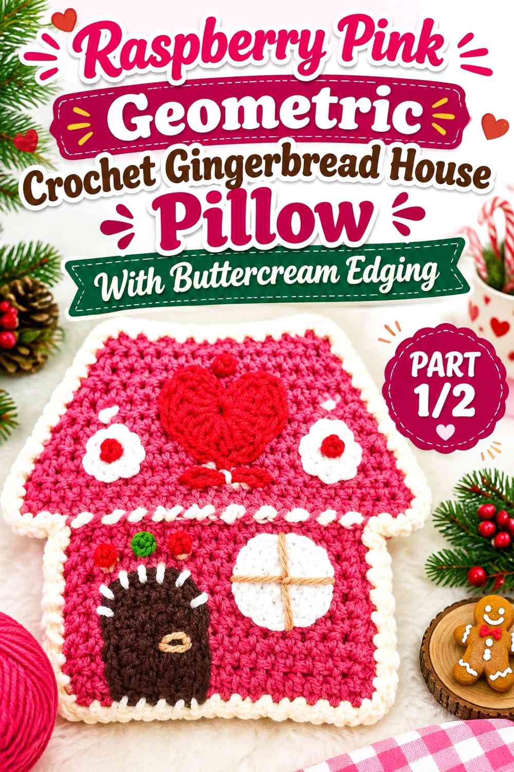 Raspberry Pink Geometric Crochet Gingerbread House Pillow With Buttercream Edging