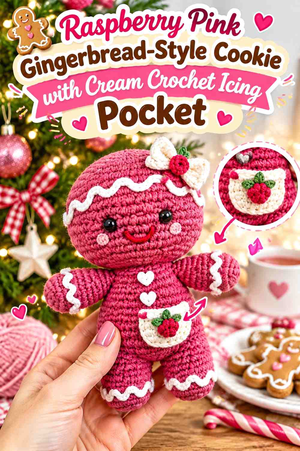 Raspberry Pink Gingerbread-Style Cookie with Cream Crochet Icing Pocket