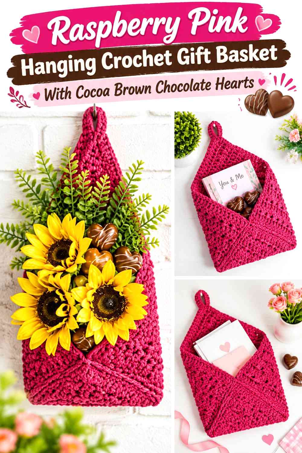 Raspberry Pink Hanging Crochet Gift Basket With Cocoa Brown Chocolate Hearts