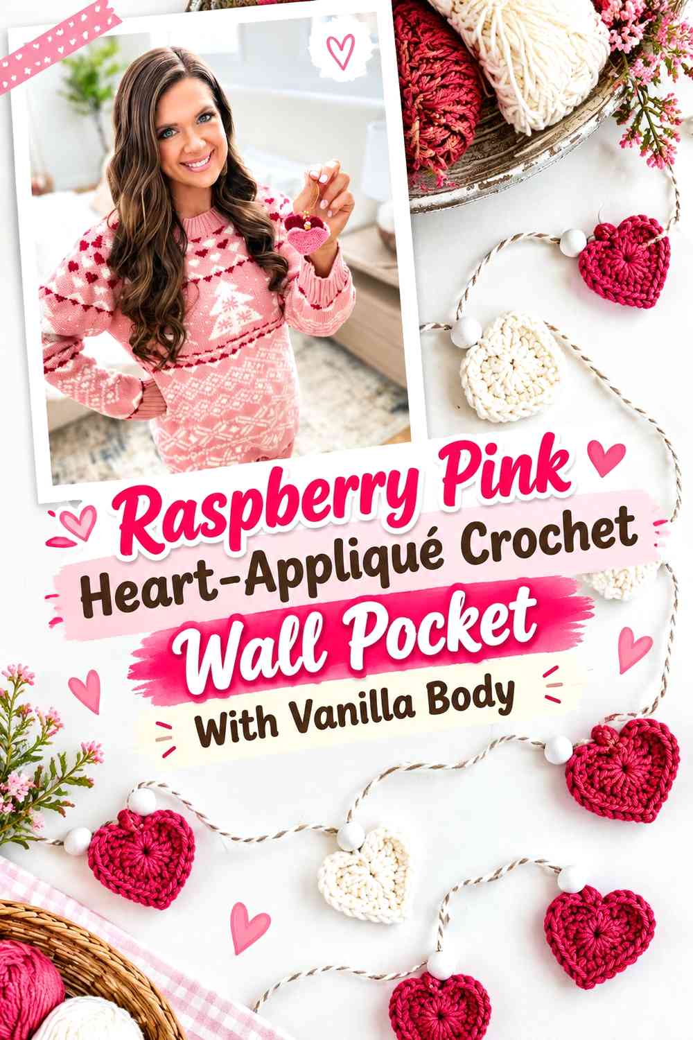 Raspberry Pink Heart-Appliqué Crochet Wall Pocket With Vanilla Body