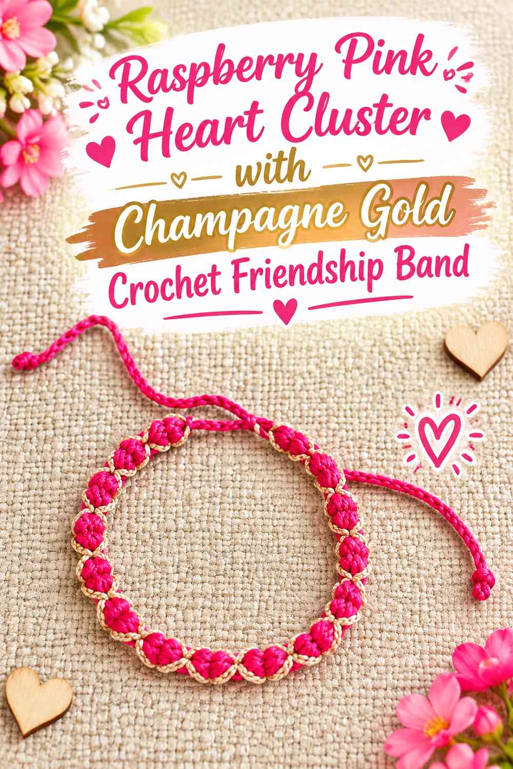 Raspberry Pink Heart Cluster with Champagne Gold Crochet Friendship Band